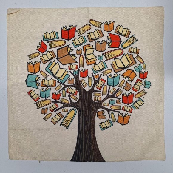 Pillow Case Cover Book Tree Reading Worm Nerd 17 Inch Square Zip Teacher Library - Picture 1 of 4